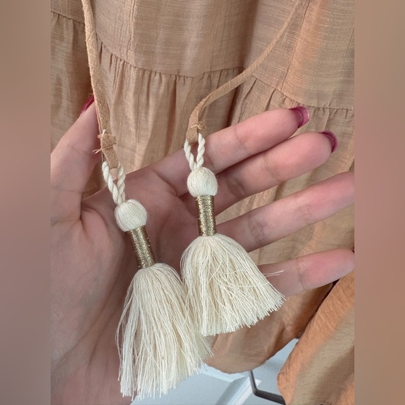 Zara Embroidered Bib Tassel Mini Dress in Tan Peach Size Large - Picture 10 of 16